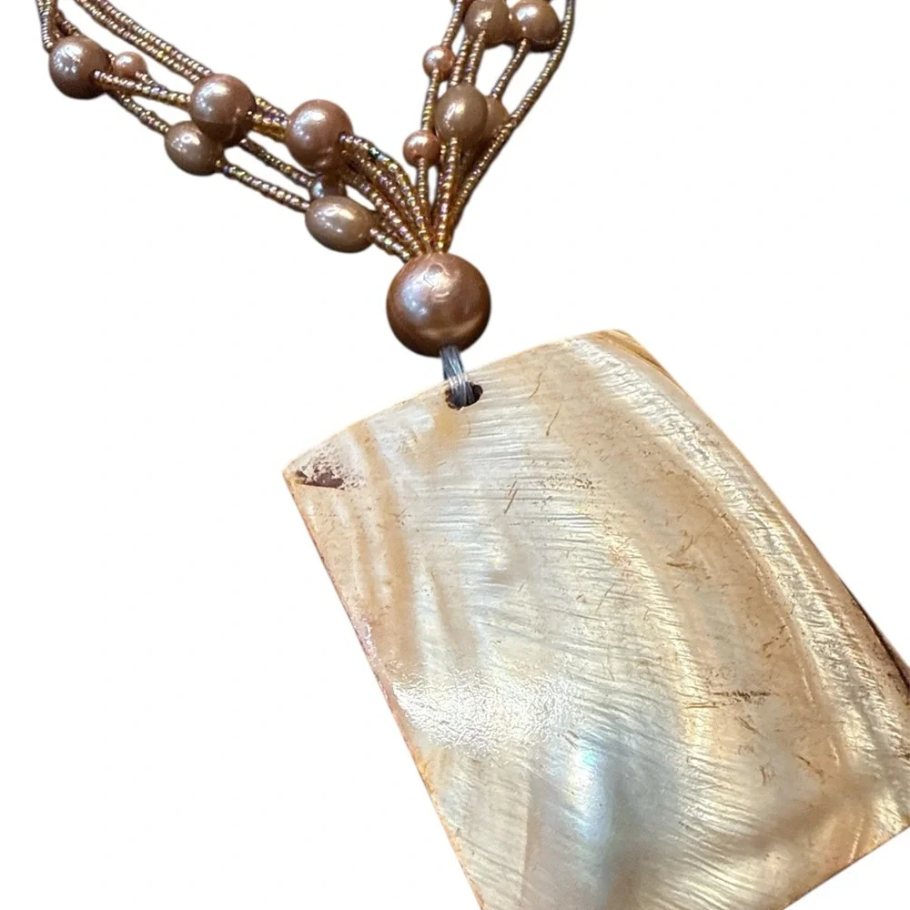 Multi-Strand Gold Beaded Necklace with Mother-of-Pearl Pendant - Picture 3 of 4